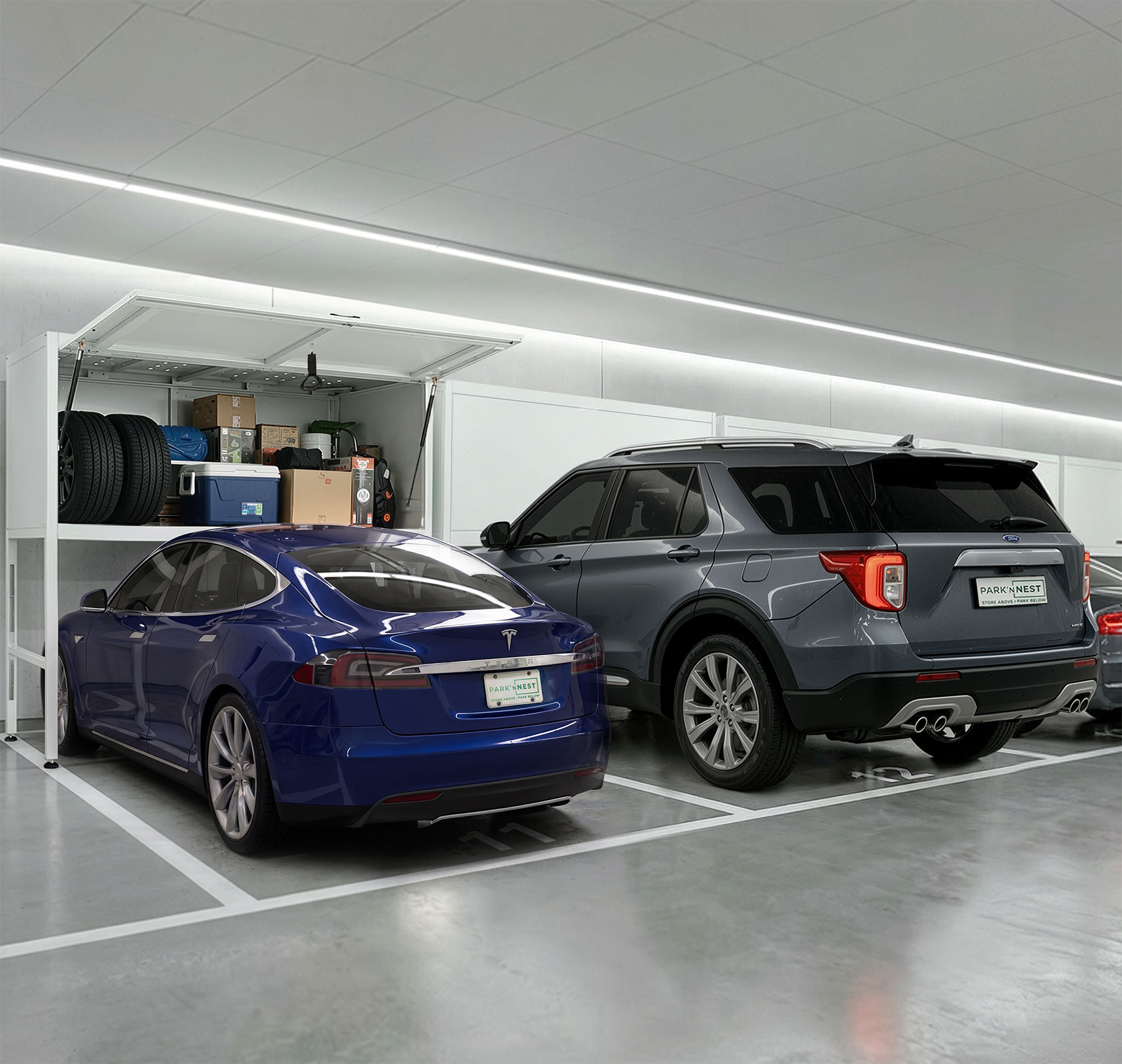Park’ɴNest™ overhead garage storage locker above parked SUVs